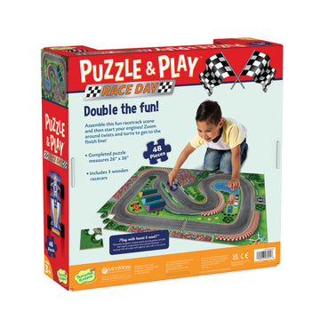 Puzzle And Play: Race Day - Puzzle And Play Race Day box featuring a handmade Canadian gift game for kids ages 2-7 with a racetrack puzzle and cars.