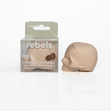 Espresso Cream Skull Lip Balm - Handmade Canadian espresso cream skull-shaped lip balm with clear branded gift box.