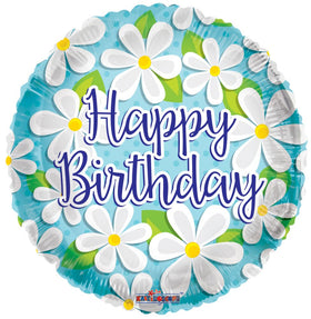 Happy Birthday White Daisies - Air Balloon on a Stick