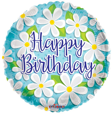 Happy Birthday White Daisies - Air Balloon on a Stick