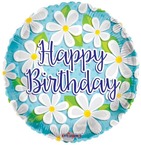 Happy Birthday White Daisies - Air Balloon on a Stick