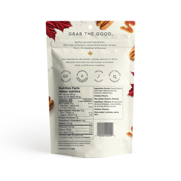 Handfuel Maple Glazed Pecans (120g) - Cream-colored resealable pouch with red maple leaves design and detailed nutrition facts and ingredients for maple glazed.
