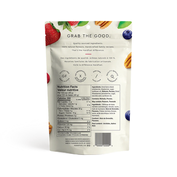 Handfuel Raw Nuts & Wild Berries (150g) - Handfuel Raw Nuts & Wild Berries 150g package back view showing Canadian-made, handmade gourmet gift with nutrition facts.