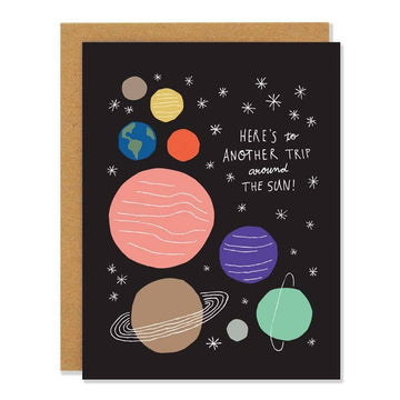Around the Sun Birthday Card - Handmade Canadian birthday card featuring colorful planets and stars with "Here's another trip around the sun" text, unique.