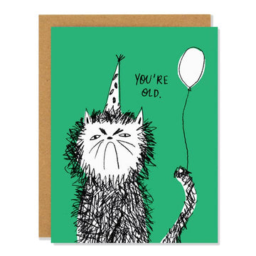 Snitty Kitty Birthday Card - Hand-drawn black and white cat with party hat and balloon on green background birthday card, unique handmade Canadian gift.