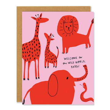 Wild World Baby Card - Handmade Canadian baby card with red illustrated wild animals and "Welcome to the wild world, baby" text, unique gift.