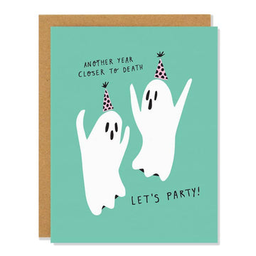 Another Year Birthday Card - Handmade Canadian birthday card with two white ghosts wearing party hats on teal background, unique gift design.