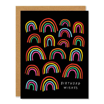 Birthday Wishes Card - Black birthday card with colorful hand-drawn rainbows and "Birthday Wishes" text, unique handmade Canadian gift.