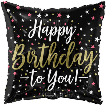 Birthday Helium Balloons (assorted styles) - Black square helium balloon with gold and white "Happy Birthday to You!" text and pink and white star confetti, unique.