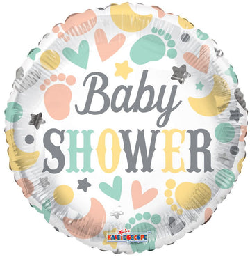 Baby Helium Balloons (assorted styles) - Round silver foil balloon with pastel baby footprints and hearts, "Baby Shower" text, unique Canadian gift.