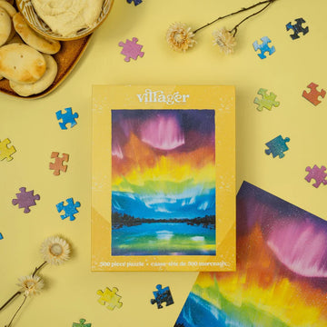 Villager Puzzles | Rainbow Northern Lights | 500-Piece Puzzle for Adults - Villager Puzzles Rainbow Northern Lights 500-piece handmade Canadian puzzle gift with vibrant aurora design.