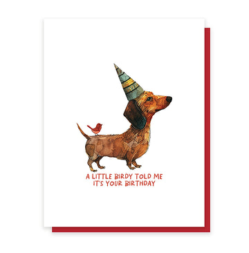 A Little Birdy Birthday Card - Handmade Canadian birthday card with dachshund wearing party hat and small bird, unique gift design.