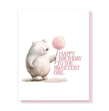 The Sweetest Girl Birthday Card - Birthday card with a cute bear holding pink cotton candy, unique handmade Canadian gift design.