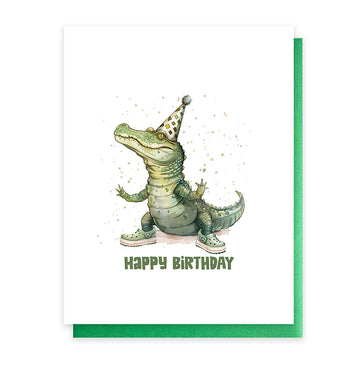Happy Birthday Croc Card - Handmade Canadian birthday card featuring a unique alligator in a party hat, perfect gift design.