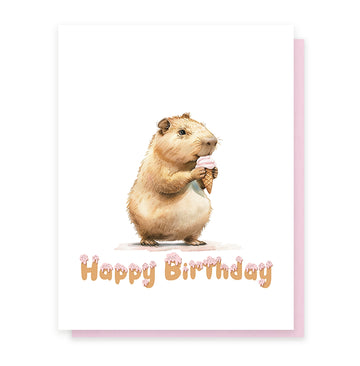 Capybara Birthday Card - Handmade Canadian birthday card featuring a capybara holding an ice cream cone, unique gift design.