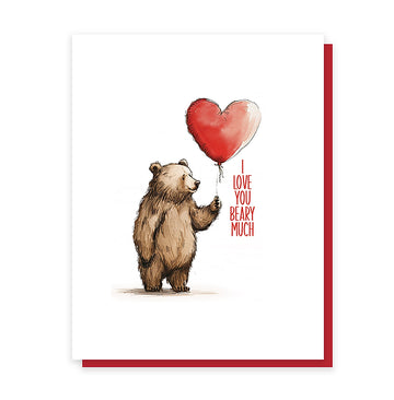 Love You Beary Much Card - Handmade Canadian greeting card with a bear holding a red heart balloon, unique gift design.