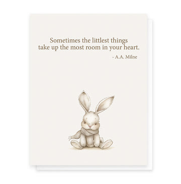 The Littlest Things Card - Handmade Canadian greeting card with soft pencil sketch of bunny and heartfelt A.A. Milne quote, unique new baby gift.