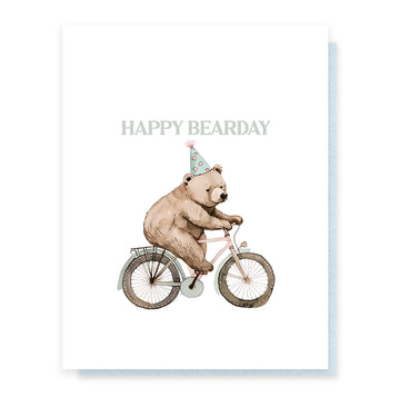 Happy Bearday Card - Birthday card with a handmade illustration of a bear wearing a party hat riding a bicycle, unique Canadian gift design.