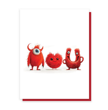 I Love You Card - I Love You card with red fuzzy characters spelling love, unique handmade Canadian gift.