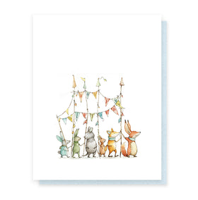 Birthday Parade Card - Handmade Canadian birthday card with whimsical animal parade and colorful bunting, a unique gift option.