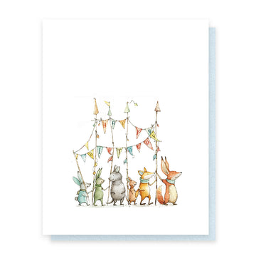 Birthday Parade Card - Handmade Canadian birthday card with whimsical animal parade and colorful bunting, a unique gift option.