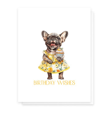 Birthday Wishes Frenchie Card - Handmade Canadian birthday card with a smiling French Bulldog in a floral dress holding a cupcake, unique gift design.