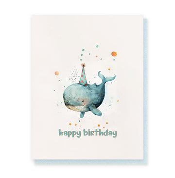 Happy Birthday Whale Card - Handmade Canadian birthday card featuring a whimsical blue whale with a party hat, unique gift design.