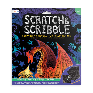 Scratch & Scribble Art Kit - Fantastic Dragon - Scratch & Scribble Art Kit with a vibrant fantastic dragon design, unique handmade Canadian gift for kids ages 5-7.