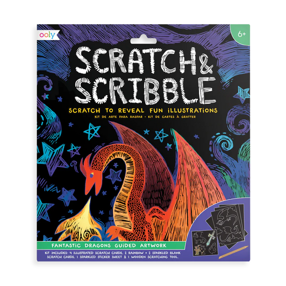 Scratch & Scribble Art Kit - Fantastic Dragon - Scratch & Scribble Art Kit with a vibrant fantastic dragon design, unique handmade Canadian gift for kids ages 5-7.