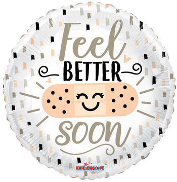 Get Well Soon Helium Balloons (assorted styles) - Round white helium balloon with confetti pattern, featuring a smiling band-aid and "Feel Better Soon" text, unique handmade.