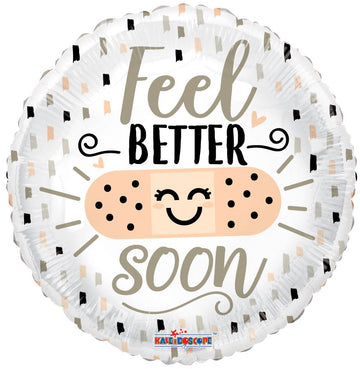 Get Well Soon Helium Balloons (assorted styles) - Round white helium balloon with confetti pattern, featuring a smiling band-aid and "Feel Better Soon" text, unique handmade.
