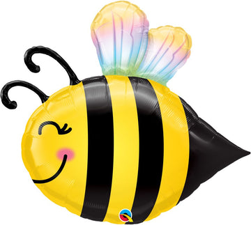 Super Shapes Helium Balloons (assorted styles) - Yellow and black striped bumblebee helium balloon with smiling face and iridescent wings, unique handmade Canadian gift.