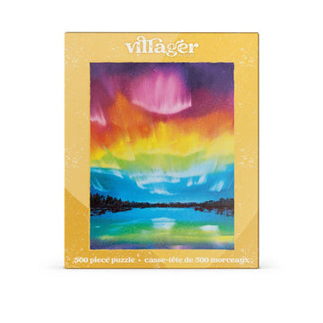 Villager Puzzles | Rainbow Northern Lights | 500-Piece Puzzle for Adults - Villager Puzzles Rainbow Northern Lights 500-piece handmade jigsaw puzzle gift with vibrant Canadian artwork.