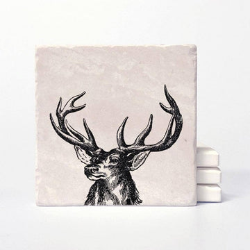 Vintage Buck Coasters - Handmade Canadian stone coaster with detailed vintage buck illustration, unique gift idea.