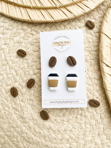 Coffee Cup & Coffee Bean Polymer Clay Stud Earrings