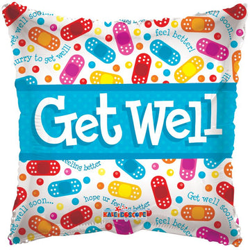 Get Well Soon Helium Balloons (assorted styles) - Colorful handmade helium balloon with "Get Well" text and playful band-aid pattern, Canadian gift design.