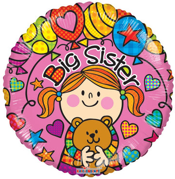 Baby Helium Balloons (assorted styles) - Pink round helium balloon with "Big Sister" text and a cartoon girl holding a teddy bear, handmade gift.