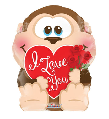 I Love You Helium Balloons (assorted styles) - Brown monkey-shaped helium balloon holding a red heart with "I Love You" text and red roses.