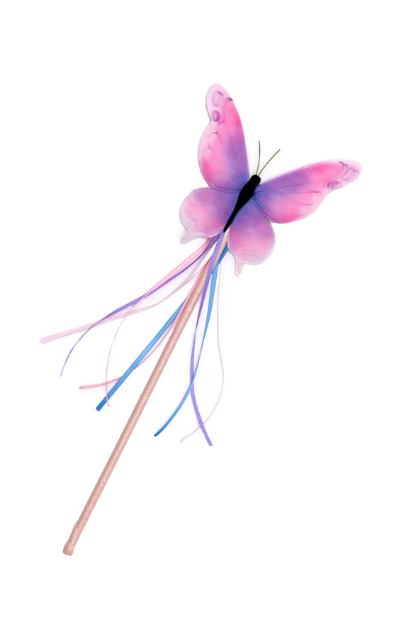Float Like a Butterfly Wand - Handmade Canadian butterfly wand with pink fabric wings and trailing pastel ribbons, unique gift accessory.