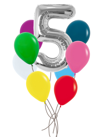 Numbered Balloon Bouquet - Silver metallic number 5 balloon surrounded by colorful helium latex balloons with red, yellow, pink, blue, green, purple,.