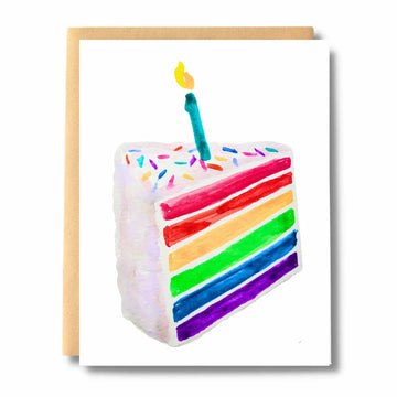 Rainbow Cake Slice Card - Rainbow slice cake greeting card with colorful layers, candle, and confetti sprinkles, handmade Canadian gift.