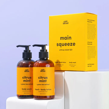 Main Squeeze - Citrus Mint Kit Bundle - Handmade Canadian citrus mint body wash and hand lotion with bright yellow gift box from Epic Blend.
