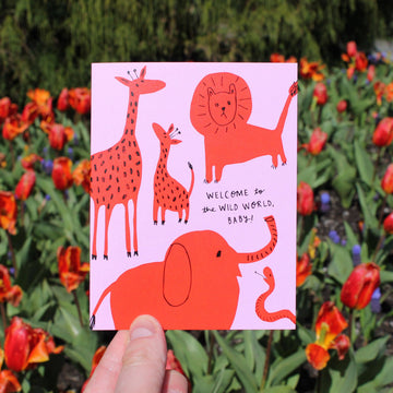 Wild World Baby Card - Handmade Canadian baby card with unique red animal illustrations, perfect gift for new baby.