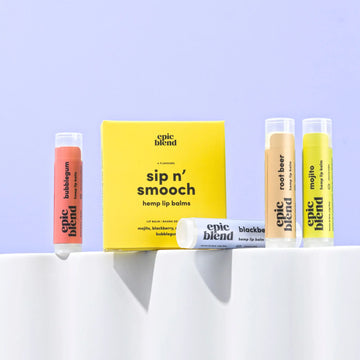 Sip n' Smooch Hemp Lip Balm 4-Pack Kit/Bundle - Yellow Sip n' Smooch hemp lip balm 4-pack with unique handmade Canadian gift packaging.