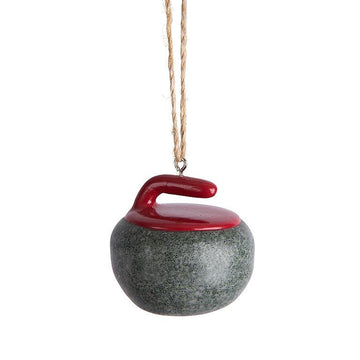 Curling Rock Ornament - Handmade Canadian curling rock ornament with red handle, unique Christmas gift decoration.