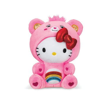 Hello Kitty x Care Bears Plush - Hello Kitty plush wearing pink Care Bears Cheer Bear costume with rainbow heart, handmade Canadian gift.
