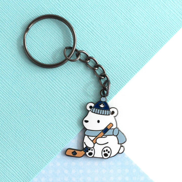 Polar Bear Playing Hockey Enamel Keychain - Toronto Leafs