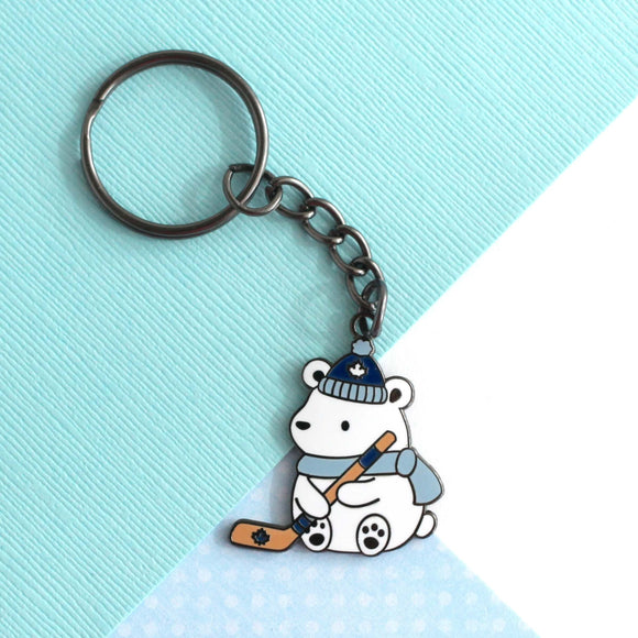 Polar Bear Playing Hockey Enamel Keychain - Toronto Leafs