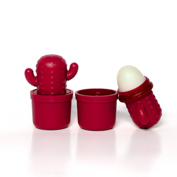 GIFT SET 3 Pack Lip Balm FALL EDITION - Set of three red lip balms with whimsical cactus-shaped containers, smooth balm visible in one open tube.