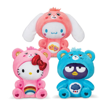Hello Kitty x Care Bears Plush - Handmade Canadian plush featuring Hello Kitty, Care Bears, and Badtz-Maru in colorful costumes, unique gift.